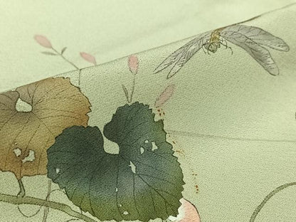 平和屋着物▽訪問着　単衣　作家物　宏龍　手描き　刺繍　花唐草文　勝虫　銀糸　正絹　逸品　AABL0372jh