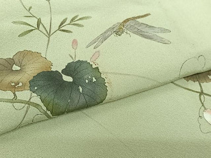 平和屋着物▽訪問着　単衣　作家物　宏龍　手描き　刺繍　花唐草文　勝虫　銀糸　正絹　逸品　AABL0372jh