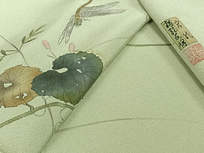 平和屋着物▽訪問着　単衣　作家物　宏龍　手描き　刺繍　花唐草文　勝虫　銀糸　正絹　逸品　AABL0372jh