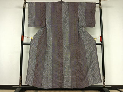 平和屋着物▽上質な小紋　単衣　格子　鬼しぼ縮緬　正絹　逸品　AABL0374jh