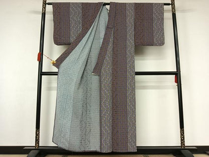 平和屋着物▽上質な小紋　単衣　格子　鬼しぼ縮緬　正絹　逸品　AABL0374jh