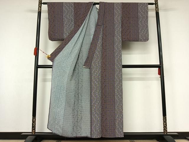 平和屋着物▽上質な小紋　単衣　格子　鬼しぼ縮緬　正絹　逸品　AABL0374jh