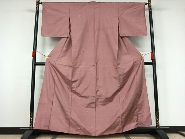 平和屋着物▽上質な紬　単衣　幾何学文様　石竹色　正絹　逸品　AABL0376jh