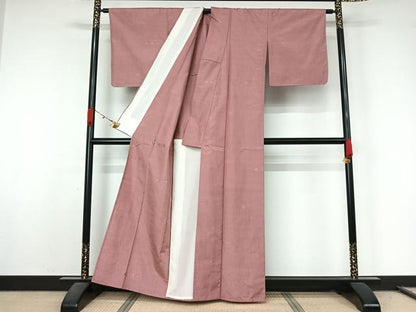 平和屋着物▽上質な紬　単衣　幾何学文様　石竹色　正絹　逸品　AABL0376jh