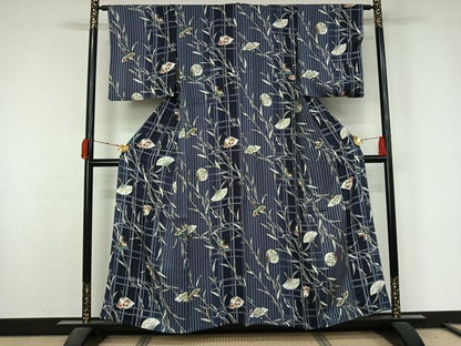 平和屋着物▽上質な小紋　単衣　団扇　蝶　金彩　正絹　逸品　AABL0377jh