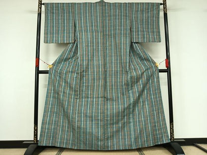 平和屋着物▽上質な紬　単衣　格子　正絹　逸品　AABL0377jh
