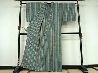 平和屋着物▽上質な紬　単衣　格子　正絹　逸品　AABL0377jh