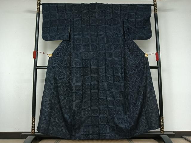 平和屋着物▽結城ちぢみ　単衣　幾何学文様　正絹　逸品　AABL0382jh