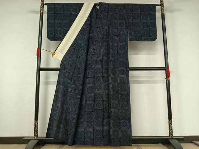 平和屋着物▽結城ちぢみ　単衣　幾何学文様　正絹　逸品　AABL0382jh