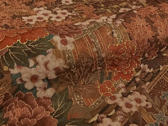 平和屋着物▽訪問着　単衣　御所車花文　金彩　正絹　逸品　AABL0387jh