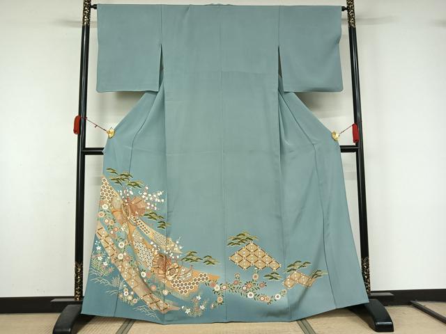 平和屋着物▽訪問着　単衣　駒刺繍　吉祥花鼓文　暈し染め　金彩　正絹　逸品　AABL0391jh