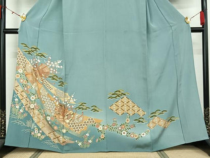 平和屋着物▽訪問着　単衣　駒刺繍　吉祥花鼓文　暈し染め　金彩　正絹　逸品　AABL0391jh