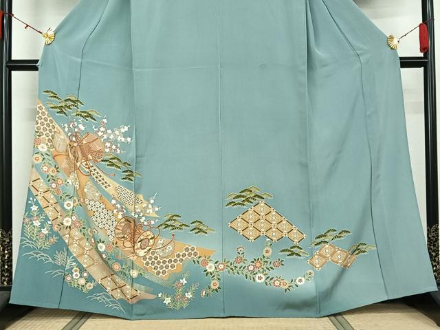 平和屋着物▽訪問着　単衣　駒刺繍　吉祥花鼓文　暈し染め　金彩　正絹　逸品　AABL0391jh