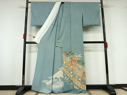 平和屋着物▽訪問着　単衣　駒刺繍　吉祥花鼓文　暈し染め　金彩　正絹　逸品　AABL0391jh