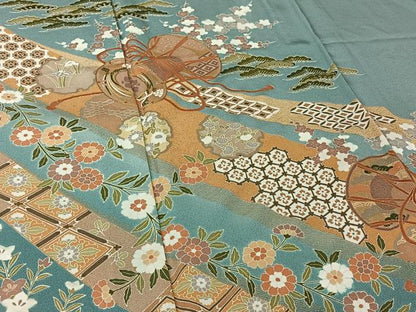 平和屋着物▽訪問着　単衣　駒刺繍　吉祥花鼓文　暈し染め　金彩　正絹　逸品　AABL0391jh