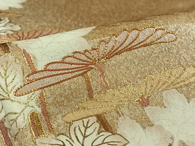 平和屋着物▽訪問着　単衣　駒刺繍　流水花文　金彩　正絹　逸品　AABL0392jh