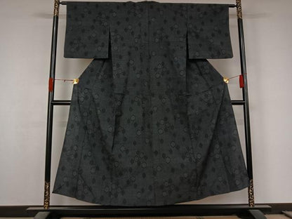 平和屋着物▽本塩沢　単衣　110亀甲　亀甲柄　黒地　正絹　逸品　AABL0393jh