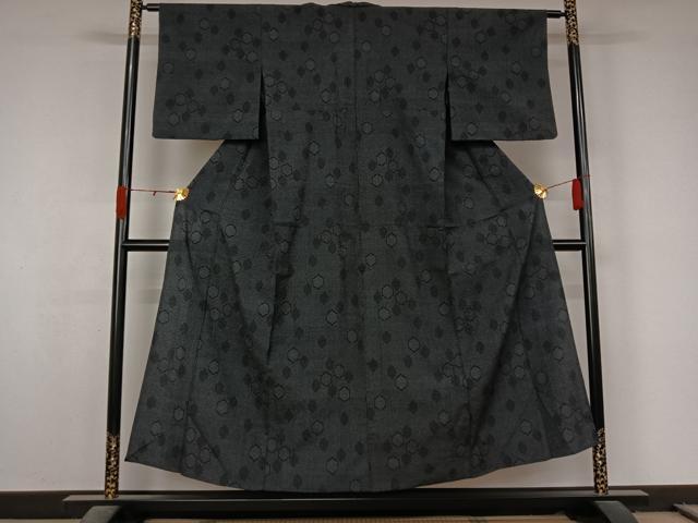 平和屋着物▽本塩沢　単衣　110亀甲　亀甲柄　黒地　正絹　逸品　AABL0393jh