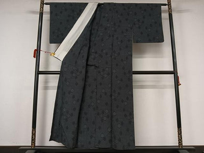 平和屋着物▽本塩沢　単衣　110亀甲　亀甲柄　黒地　正絹　逸品　AABL0393jh
