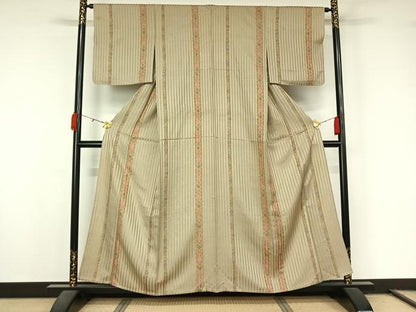 平和屋着物▽上質な小紋　単衣　紬地　草花文　正絹　逸品　AABL0395jh