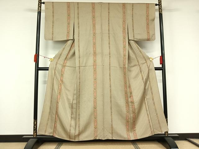 平和屋着物▽上質な小紋　単衣　紬地　草花文　正絹　逸品　AABL0395jh