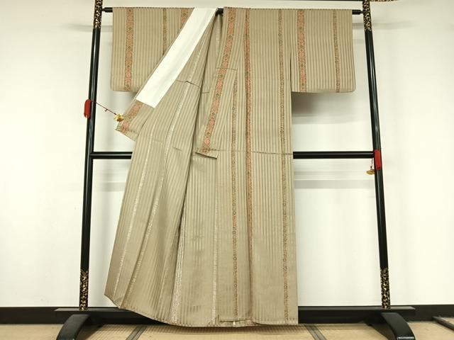 平和屋着物▽上質な小紋　単衣　紬地　草花文　正絹　逸品　AABL0395jh