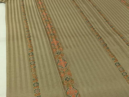 平和屋着物▽上質な小紋　単衣　紬地　草花文　正絹　逸品　AABL0395jh