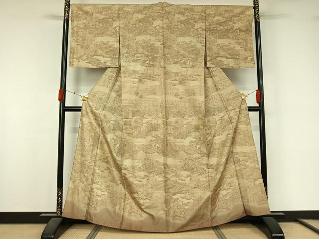 平和屋着物▽訪問着　単衣　紬地　人物風景文　正絹　逸品　AABL0404jh