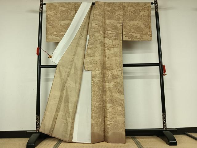 平和屋着物▽訪問着　単衣　紬地　人物風景文　正絹　逸品　AABL0404jh