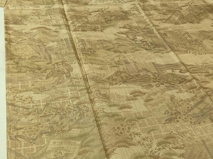 平和屋着物▽訪問着　単衣　紬地　人物風景文　正絹　逸品　AABL0404jh