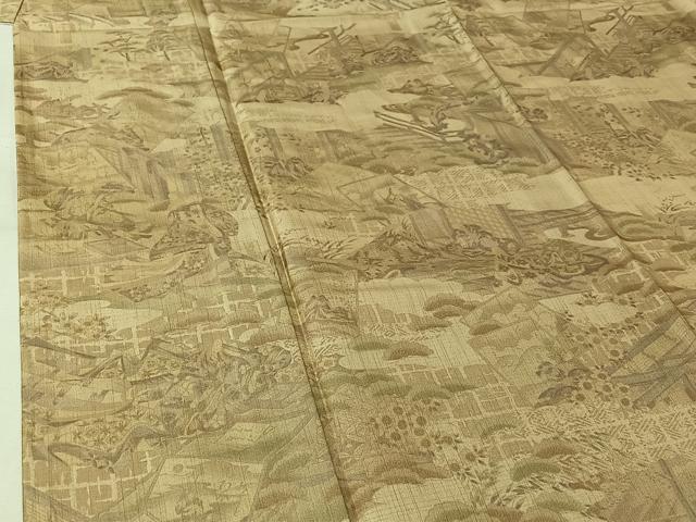 平和屋着物▽訪問着　単衣　紬地　人物風景文　正絹　逸品　AABL0404jh