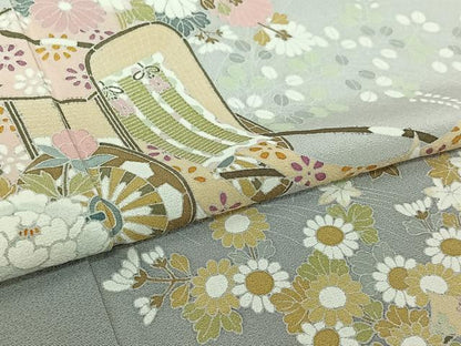 平和屋着物▽訪問着　単衣　友禅　御所車花文　暈し染め　正絹　逸品　AABL0418jh