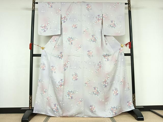平和屋着物▽上質な小紋　単衣　花蝶文　暈し染め　正絹　逸品　AABL0419jh