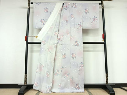 平和屋着物▽上質な小紋　単衣　花蝶文　暈し染め　正絹　逸品　AABL0419jh