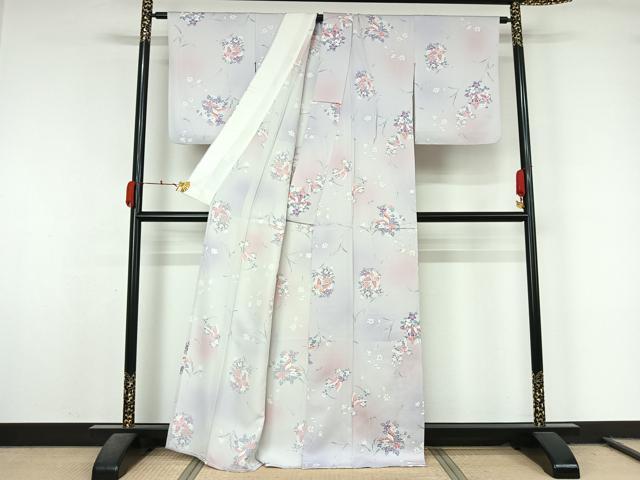平和屋着物▽上質な小紋　単衣　花蝶文　暈し染め　正絹　逸品　AABL0419jh