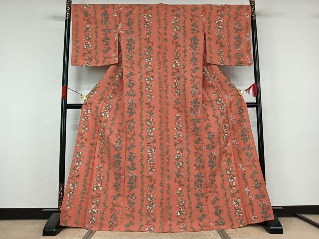 平和屋着物▽小紋　単衣　草花文　洗える着物　未使用　AABL0420jh