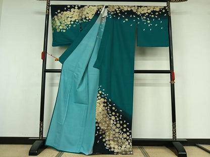 平和屋着物▽訪問着　単衣　草花文　暈し染め　金彩　洗える着物　AABL0421jh