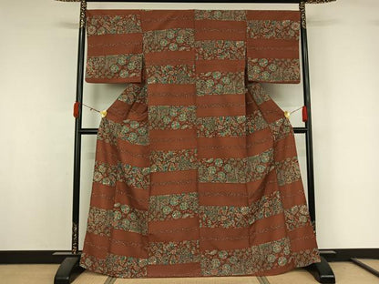 平和屋着物▽小紋　単衣　横段更紗花文　洗える着物　AABL0425jh