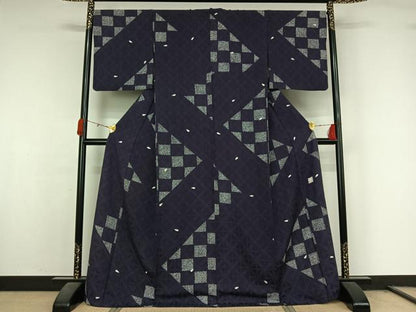 平和屋着物▽上質な小紋　単衣　幾何学舞桜文　正絹　逸品　AABL0433jh