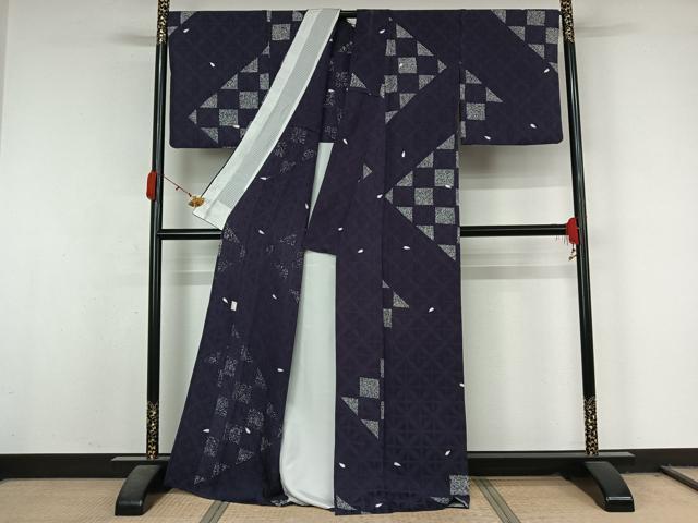 平和屋着物▽上質な小紋　単衣　幾何学舞桜文　正絹　逸品　AABL0433jh