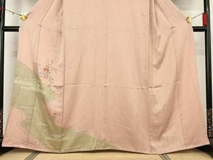 平和屋着物▽訪問着　単衣　絞り　刺繍　草花文　金彩　正絹　逸品　AABL0436jh