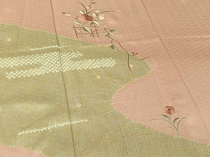 平和屋着物▽訪問着　単衣　絞り　刺繍　草花文　金彩　正絹　逸品　AABL0436jh
