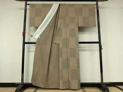 平和屋着物▽上質な小紋　単衣　紬地　市松文様　正絹　逸品　AABL0438jh