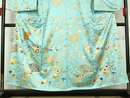平和屋着物▽訪問着　単衣　飛鶴扇面花蝶文　金彩　正絹　逸品　AABL0441jh
