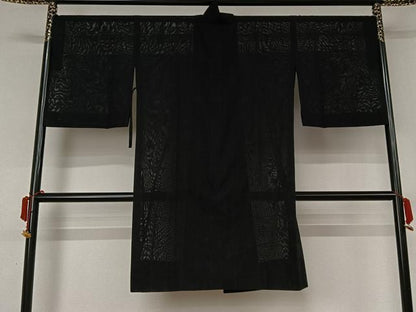 平和屋着物▽道行コート　スリーシーズン　春夏秋　塵除け　麻の葉文様　黒地　ロング丈　正絹　逸品　AABL0447jh
