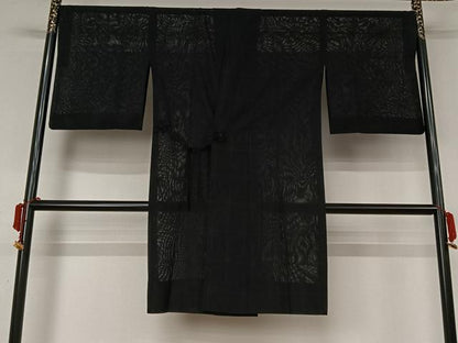 平和屋着物▽道行コート　スリーシーズン　春夏秋　塵除け　麻の葉文様　黒地　ロング丈　正絹　逸品　AABL0447jh