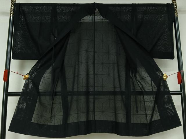 平和屋着物▽道行コート　スリーシーズン　春夏秋　塵除け　麻の葉文様　黒地　ロング丈　正絹　逸品　AABL0447jh