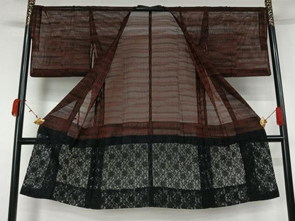 平和屋着物▽道行コート　スリーシーズン　春夏秋　塵除け　花唐草文　横段文　ロング丈　AABL0448jh