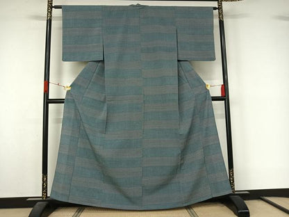 平和屋着物▽お召　単衣　横段文　正絹　逸品　AABL0459jh