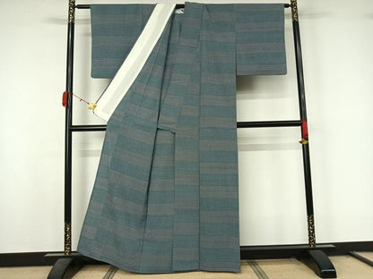 平和屋着物▽お召　単衣　横段文　正絹　逸品　AABL0459jh